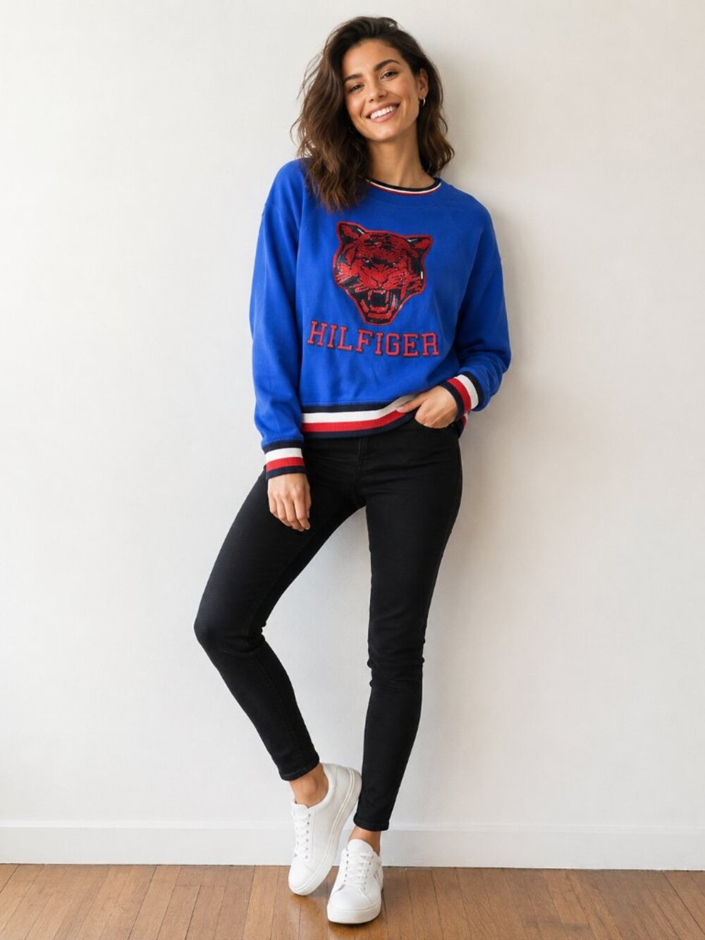 Tommy Hilfiger Girls Sequin Tiger Sweatshirt Blue Size L 12/14